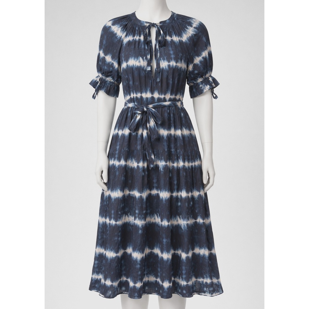 Ulla Johnson Dress Small Blue Tie Dye Midi Boho Trapeze Swing Puff Sleeve Belted